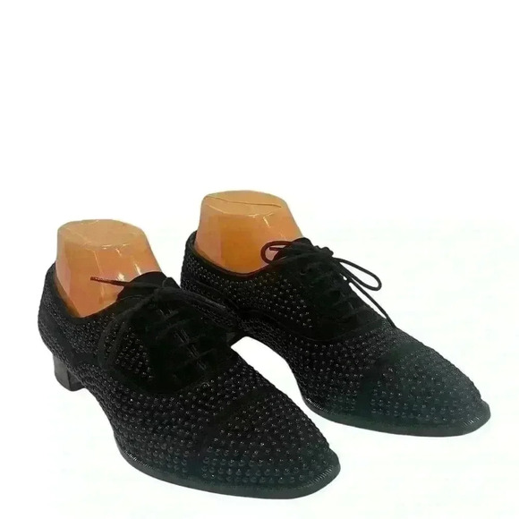 Manolo Blahnik Women’s Oxford Perlita Black Suede Studded Lace Up Sz 37.5/ 7.5 - Picture 7 of 14